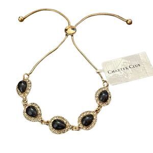NWT Charter club slider gold tone tear drop faux black/dark blue bracelet